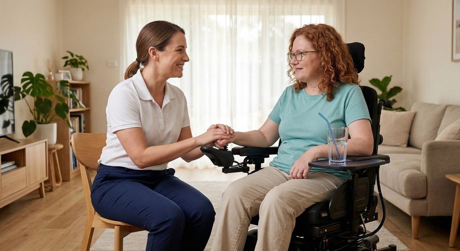 A Maitri Services support worker sharing a warm, trusting moment with a participant at home