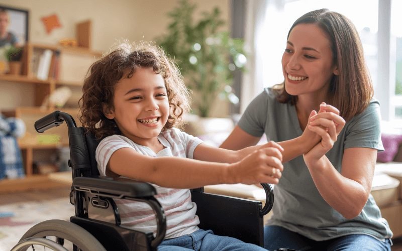 A mother spending a joyful moment at home with her daughter, who uses a wheelchair
